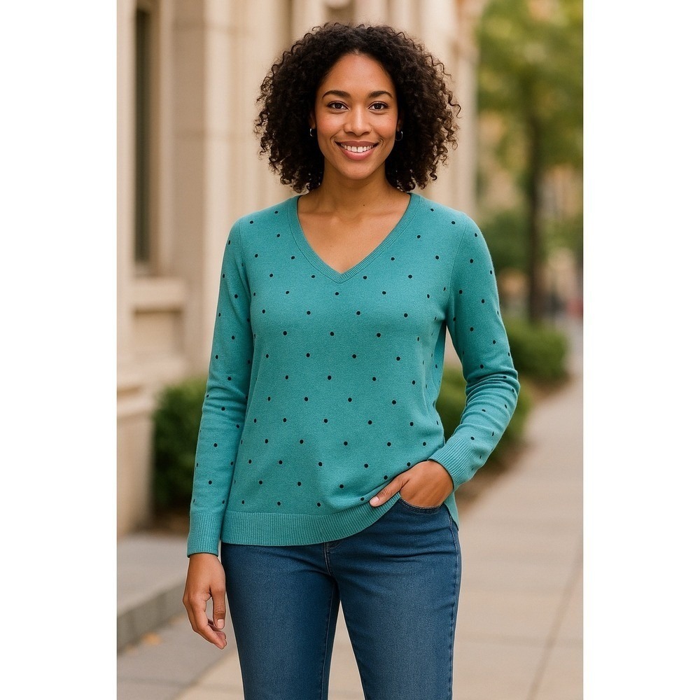 J. Jill Teal Polka Dot V-Neck Sweater L | Soft Knit Casual Classic